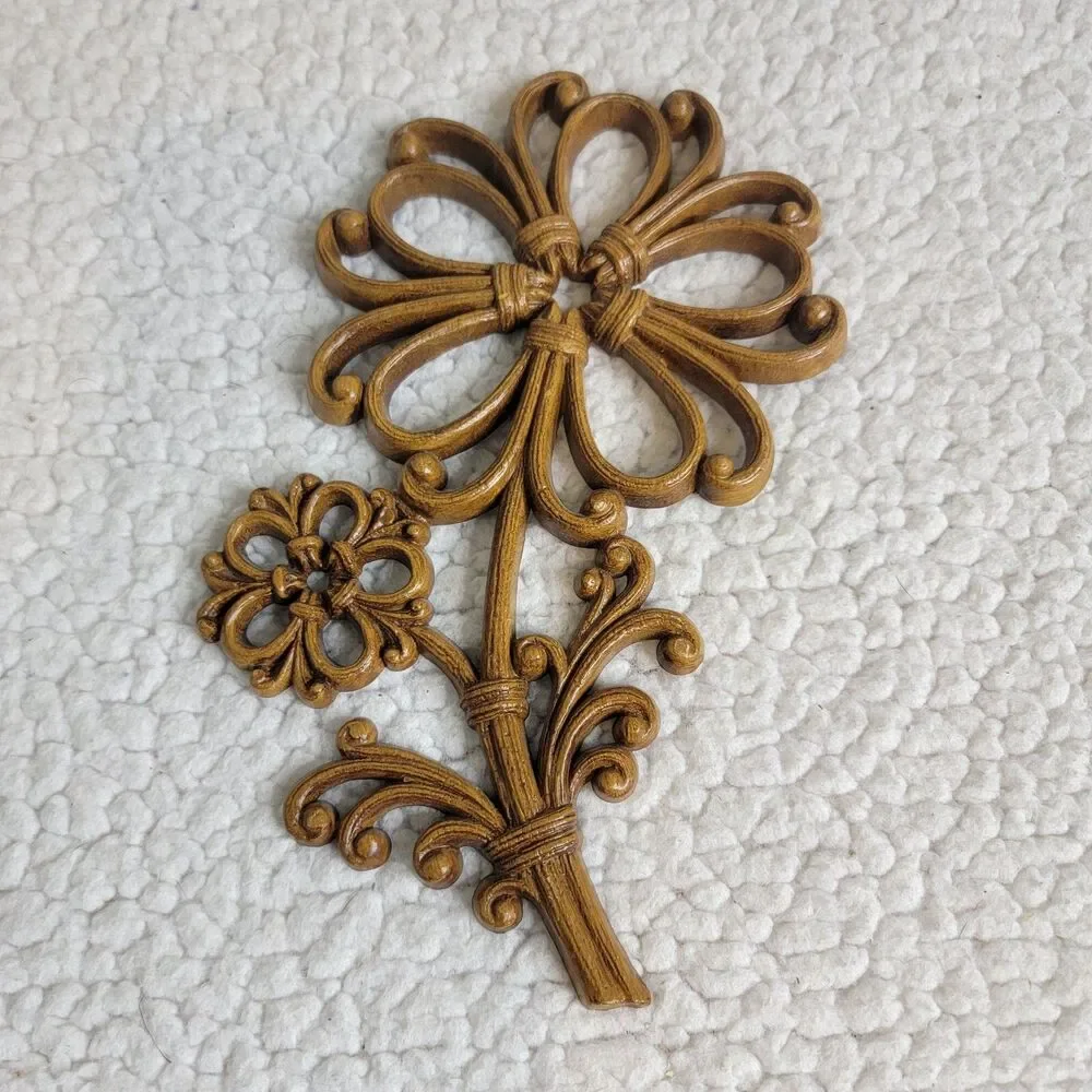 Vintage 1978 Syroco Flower Wall Decorations Set Of 3 #7560 Wicker Look - Picture 3 of 8